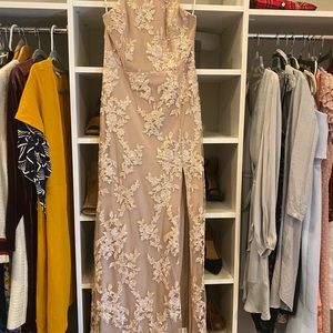 Lulus nude lace halter dress with cross back detail